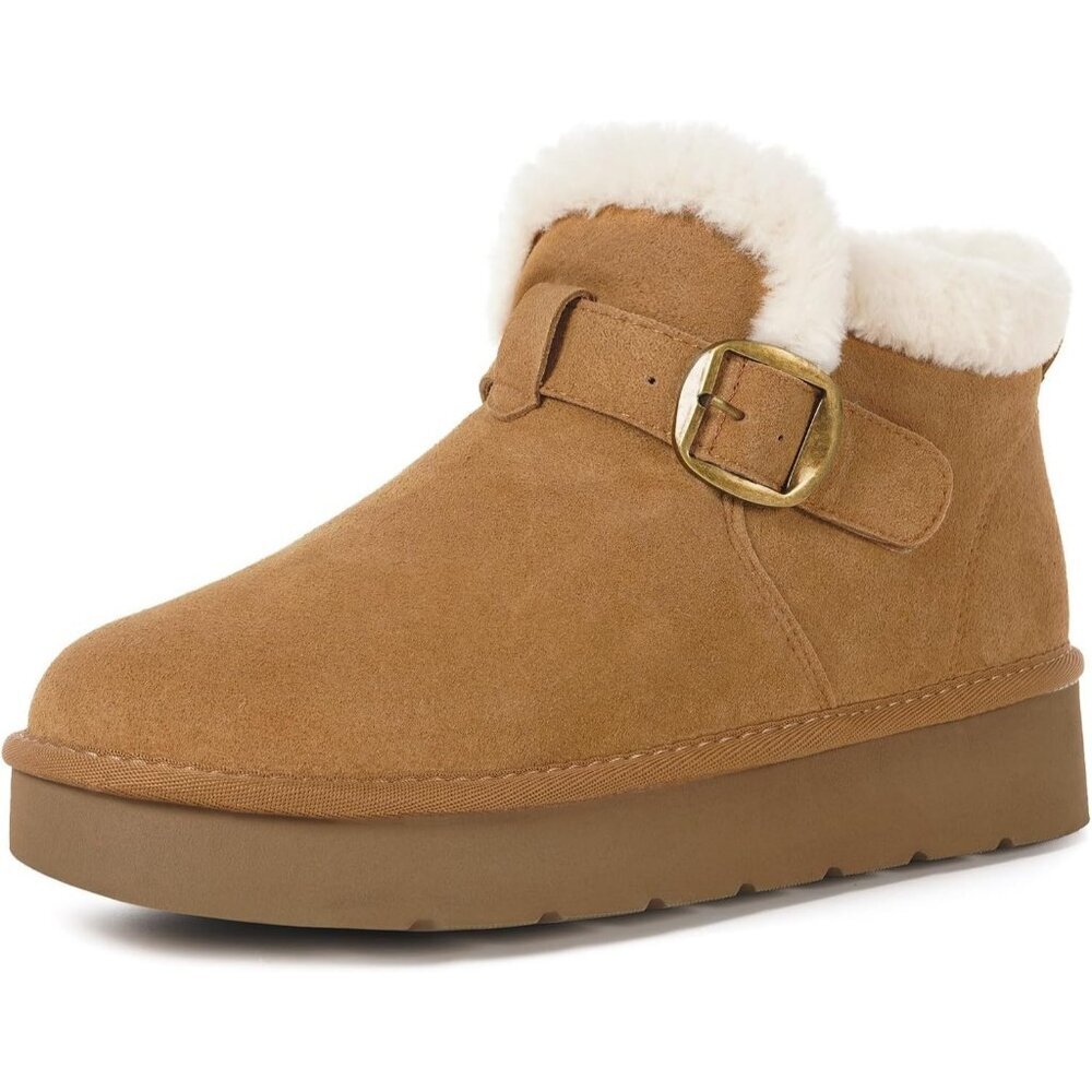 Women's Snow Winter Warm Hook Loop Light Brown Faux Fur Lining Tan Booties Shoes